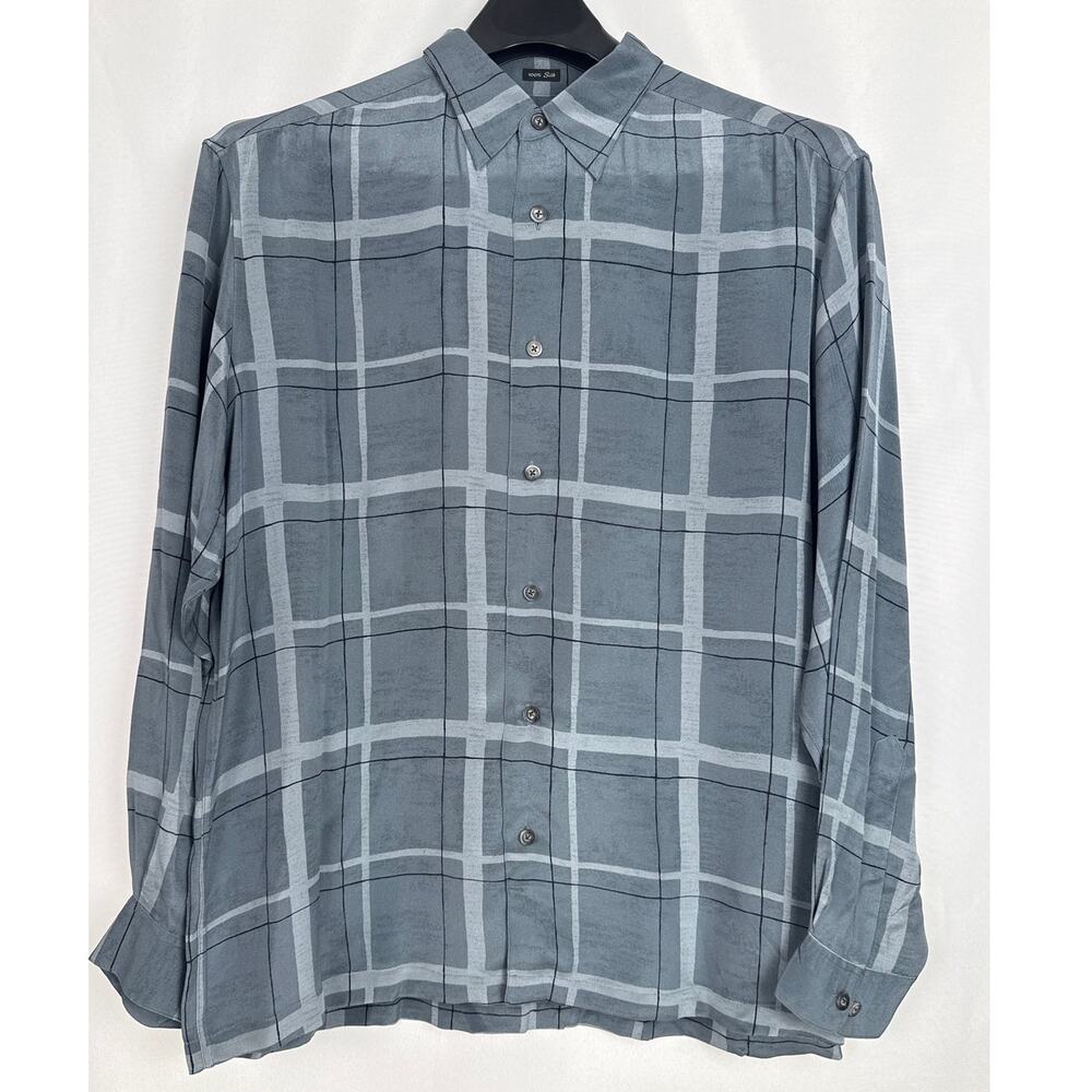 Claiborne Mens 100% Silk Plaid Shirt Size XL Grey Workwear Classic Academia